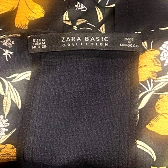 ZARA Floral Lace Up Back Babydoll Midi Stretch Dress Short Sleeve M Black Orange - Picture 7 of 15